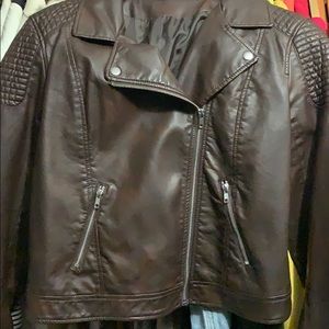 Brown Faux Leather Motorcycle Jacket. Distressed.